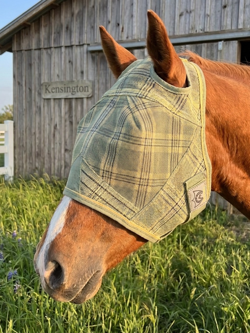 Kensington Equine Plaid Fly Mask with no Ear Coverage - Light Green. New no box